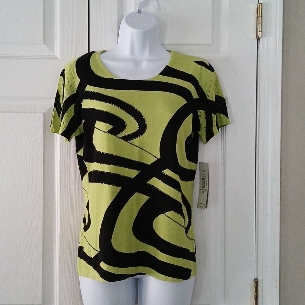 Nygard lime green and black beaded short sleeve lightweight sweater Sz M NWT